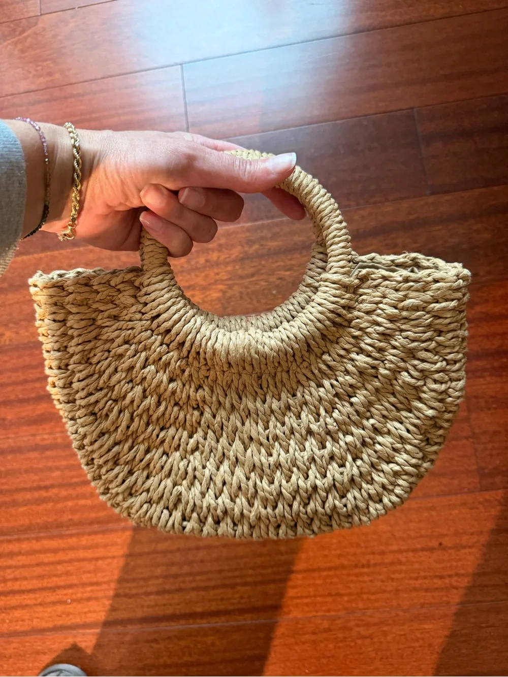 Woven Round-Handle Straw Tote Bag - Natural